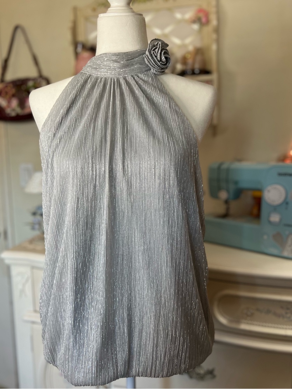 CeCe Silver Halter Blouse with Rosette Neck